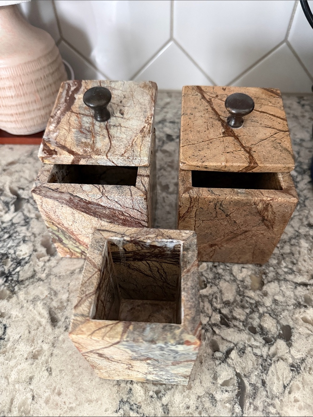 Natural Stone Cube Canister Set Brown